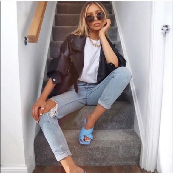 ZARA PADDED HEELED BLUE SHEEP LEATHER SANDALS - Picture 8 of 16